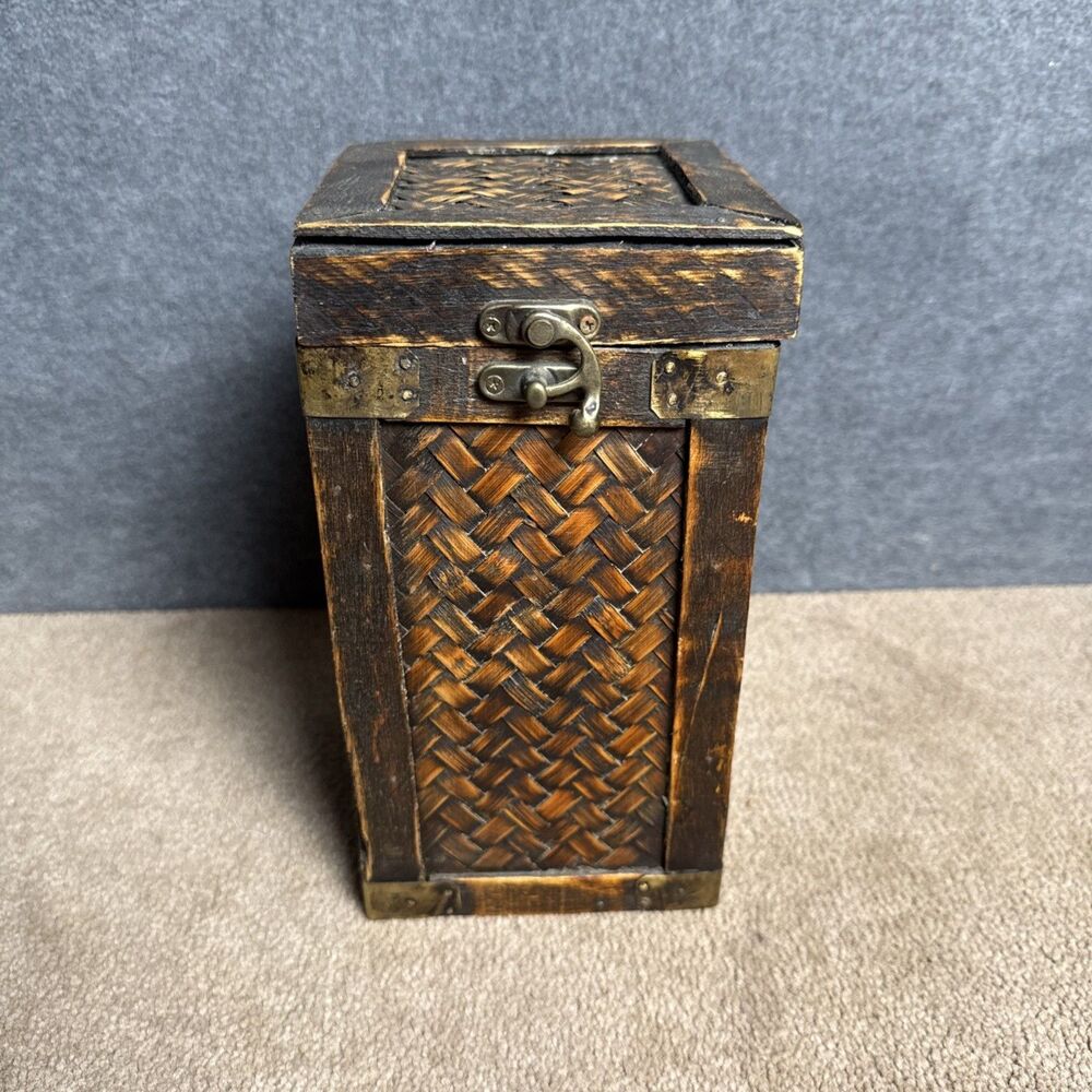 Vintage Wooden Storage Box with Woven Bamboo Panels and Hinged Lid With Latch